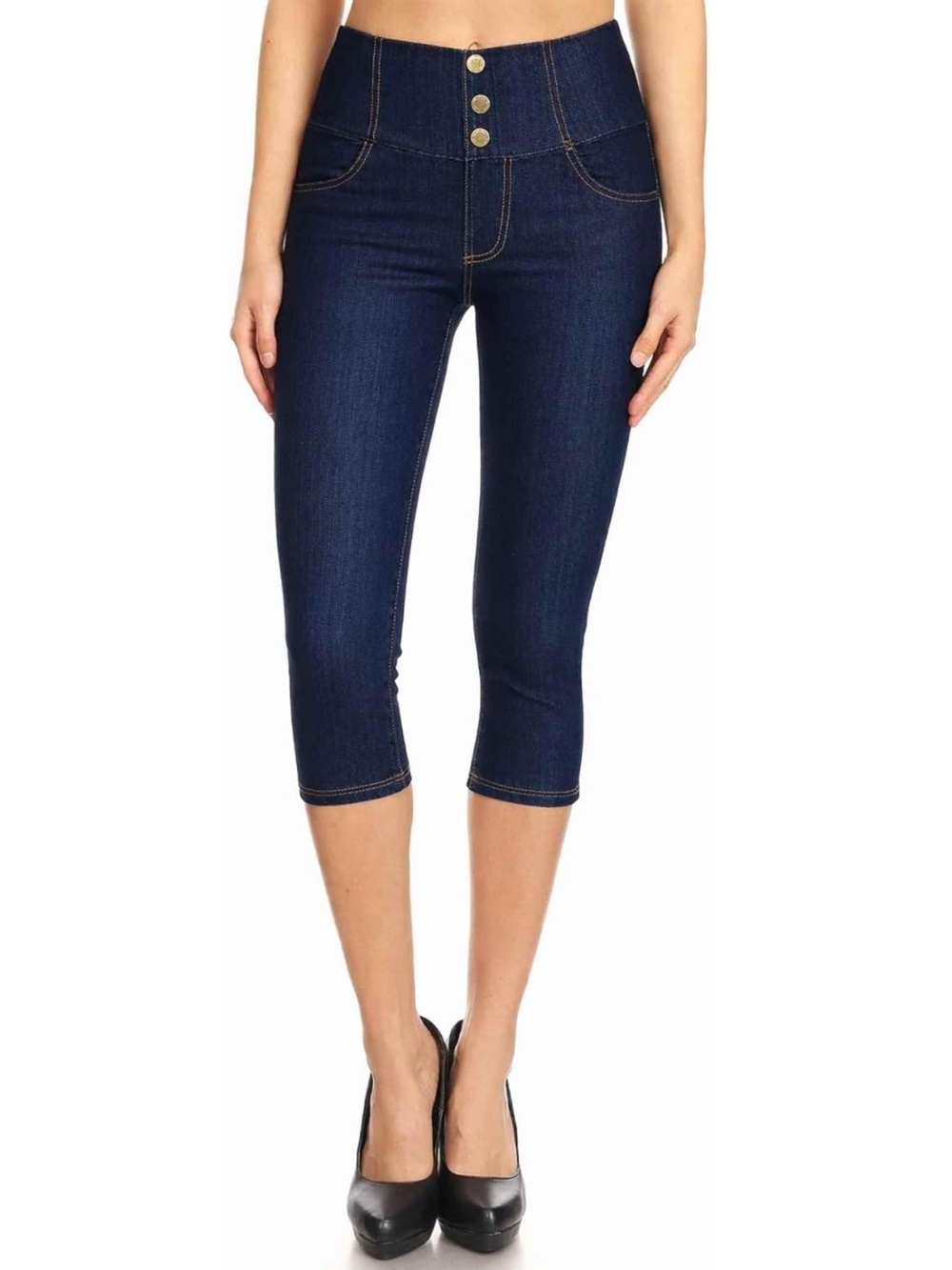 Capri Knit Denim Jegging High Waisted Pull on Stretch Cropped Skinny Pants